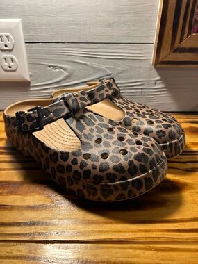 CROCS Leopard Print Mary Jane Clog Sandals - Brown